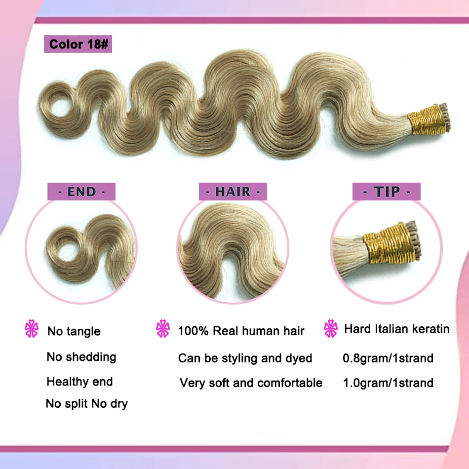 I Tip Hair Extensions Human Hair Wavy Dirty Blonde Human Natural Extensions Pre Bonded Fusion Extension Full Head 18#