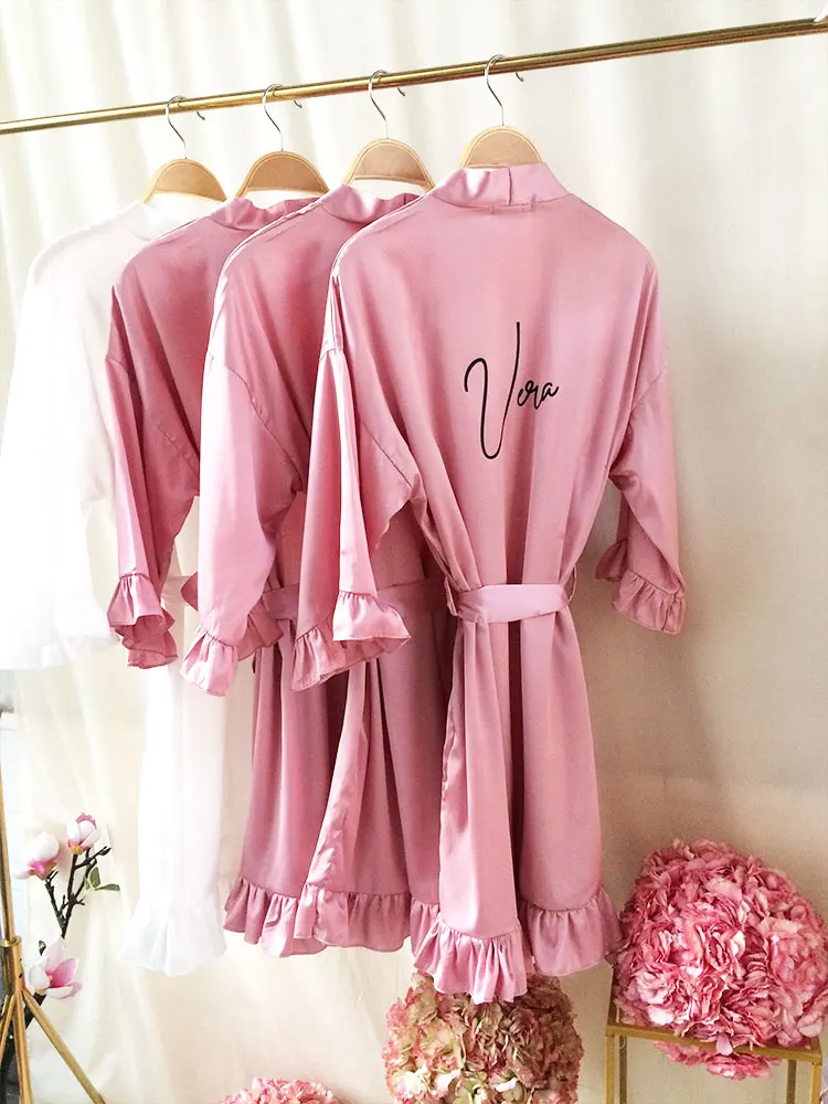 Dark Rose Satin Kimono Personalized Robe with Name for the Wedding Gown Custom Bachelorette Party Ruffle Silk Gown of Bridesmaid