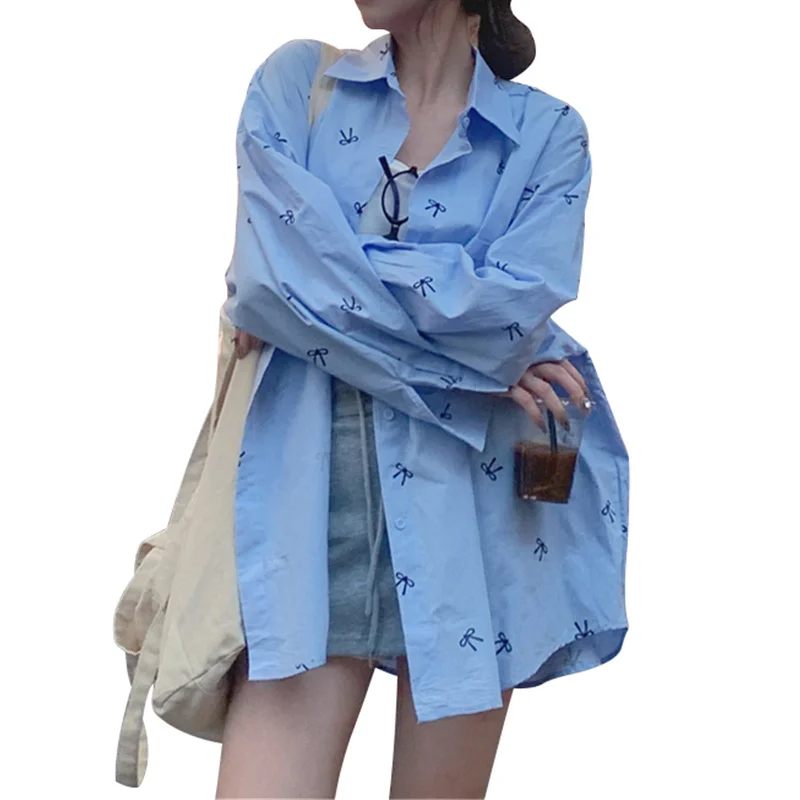 Camisa Y2K para mujer, blusa con estampado de lazo, cuello de solapa, botonadura sencilla, manga larga con bolsillo, ropa de calle de los años 2000