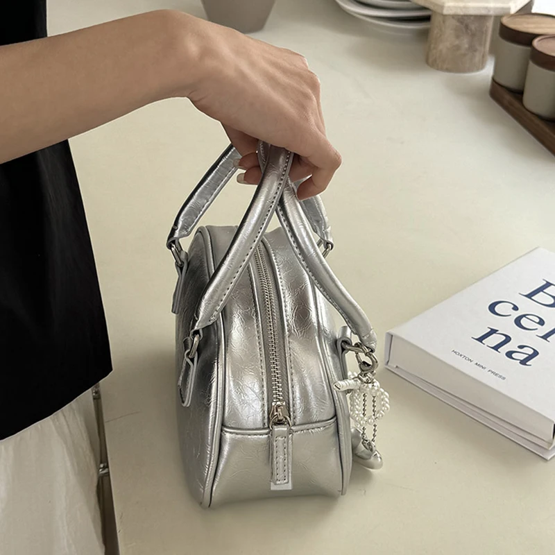 Silver Small Square Bag PU Handheld Crossbody Bag Bowling Bag Fashion Casual Women's Boston Commuter Bag