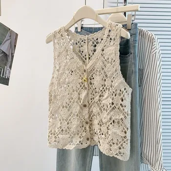 Versatile Hollow-out Pattern Crochet Vest Boho Layered Design Hollow-out Cardigan Loose Fit Floral Vest Women's Wear