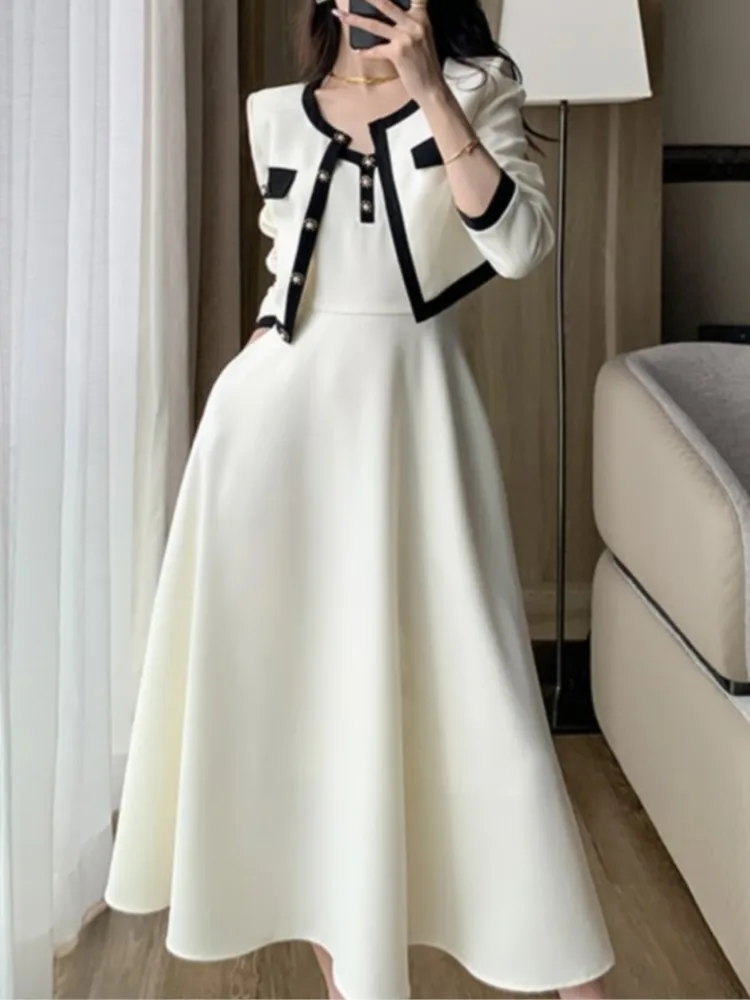 Fashion-Korean-Women-Elegant-Casual-Dress-Set-Vintage-Crop-Jackets ...