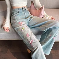 Pink Flower Embroidery High Waist Wide Leg Jeans Women's Summer New Chinese Style Straight Washed Light Blue Denim Pants