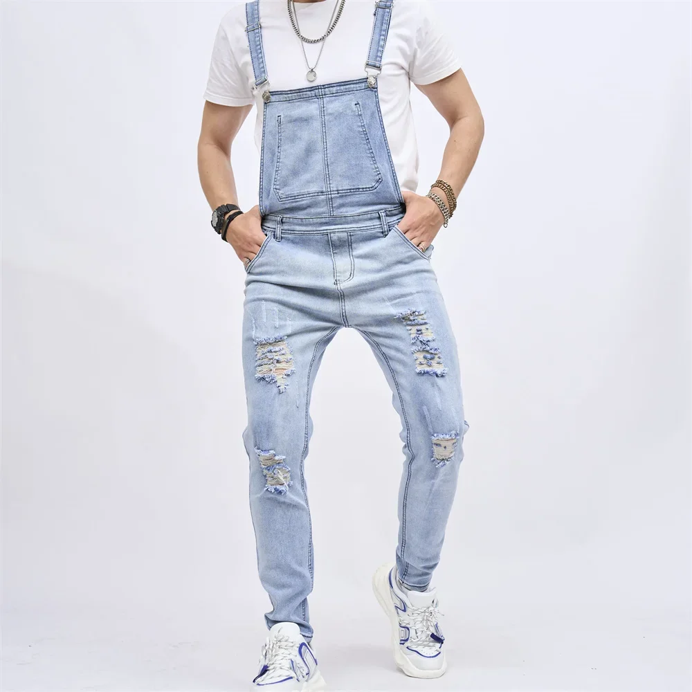 Men Strap Jeans Stylish Slim Ripped Biker Stretch Skinny Male Holes Bib Overalls Jumpsuits Denim Trousers For Men's