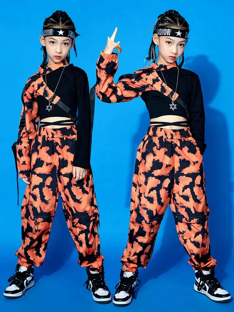 

Girls Jazz Dance Costume One-Sleeved Leopard Orange Camouflage Outfits Kpop Concert Show Clothes Kids Hip Hop Clothing DNV17005