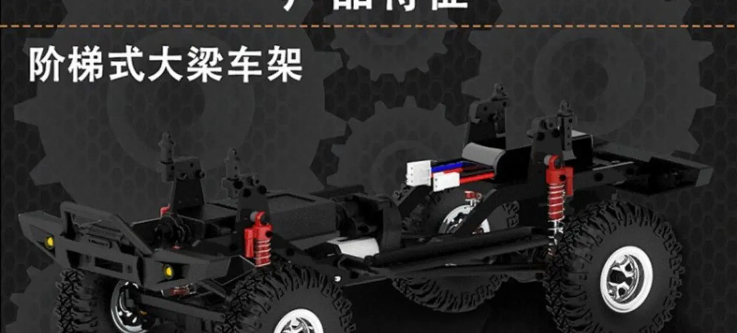 D1RC 1/18 2.4G Mini Off‑Road Rock Crawler RC Car, Spring suspension and realistic axle gear transmission features diagonal and bevel gear designs for improved performance.