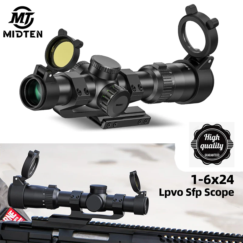 MidTen 1-6X24 LPVO Rifle Scope with 5 Levels Red & Green Illuminated Reticle, 30mm, Black Offset Scope Mount