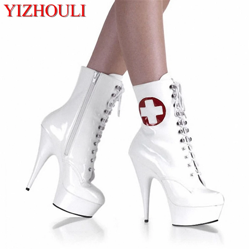 15cm sexy lace-up high heel shoes women pu leather boots back zipper ladies' ankle boots sexy dance shoes
