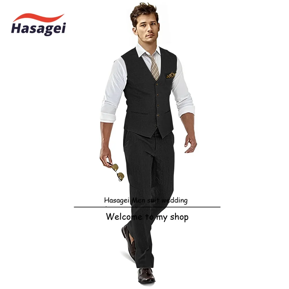 Suit for Men Linen Vest Pants Set of 2 Summer Breathable Groom Tuxedo Wedding Formal Slim Fit Set Clothes