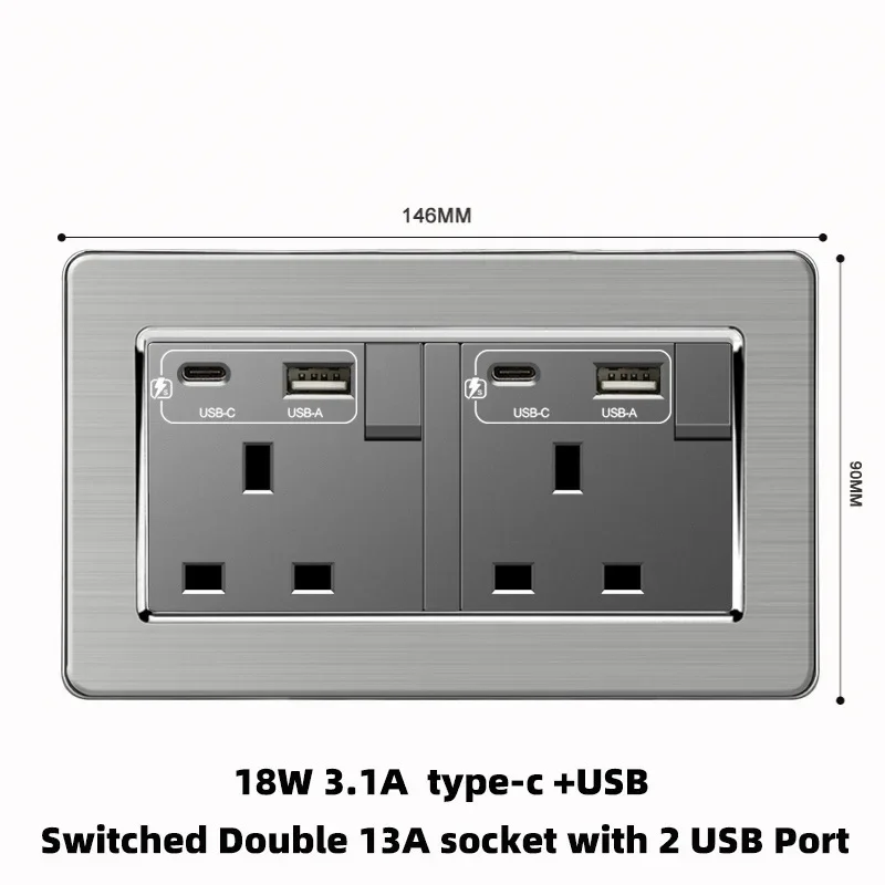 회색 스테인레스 스틸 금속 영국 13A 벽 220V 전등 스위치(전기 소켓 포함), 스마트 Type-c 고속 충전 벽 USB C 소켓