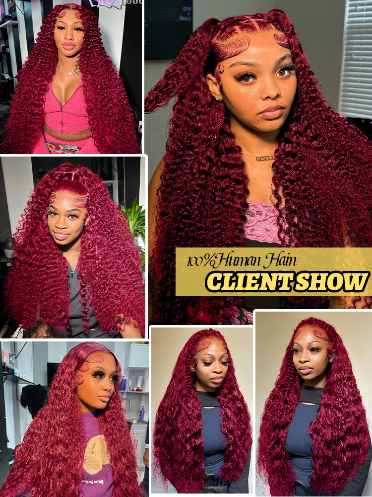 30 40 Inch 99J Burgundy 13X6 Hd Curly Lace Frontal Human Hair Wig Red Colored 13X4 Transparent Lace Deep Wave Frontal Wig