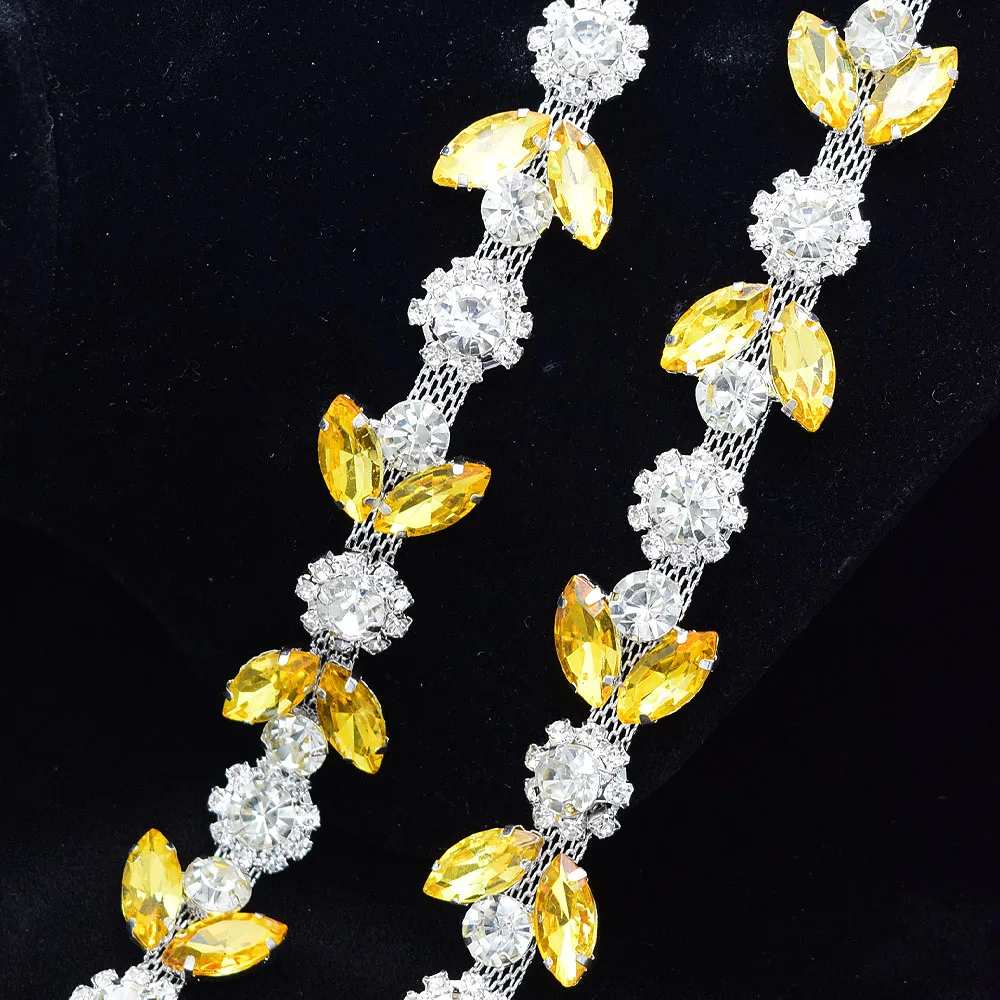 Description Picture 3 of item1 yard leaf rhinestone chain Silver plated shiny sewing ribbon Crystal metal decorative applique for wedding necklace accessorie