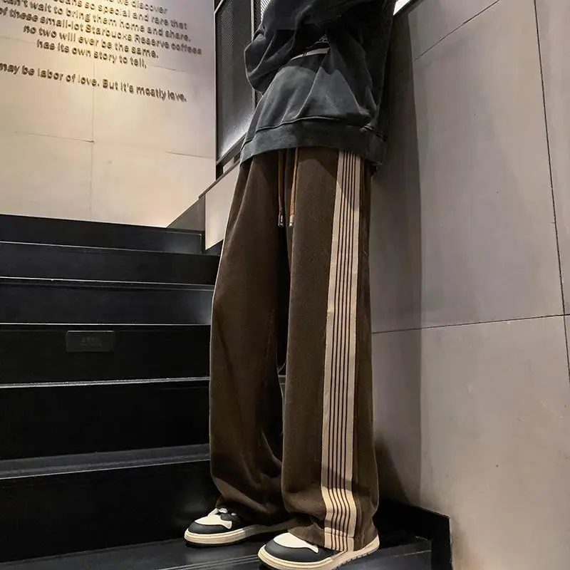 Street Fashion Trendautumn New Solid Side Stripe Straight Casual Pants Men's Pockets Drawstring Loose Versatile Sports Trousers