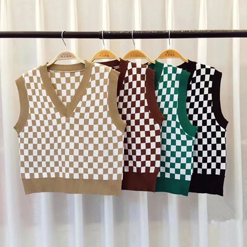 Pull Sans Manches à Col V Pour Femme – Imprimé Carreaux, Coupe Ample Et Douce – Parfait Pour Automne, école, Loisirs – Plusieurs Coloris