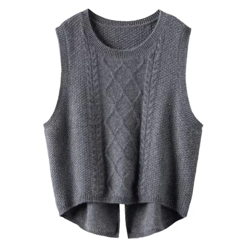 

100% Merino Wool Vest Women's O-Neck Tank Tops Autumn and Winter New Twisted Knitted Cuff Shoulder Korean Fashion Warm Waistcoat