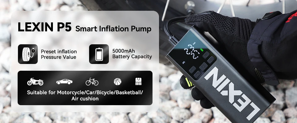 Lexin P5 Smart Air Pump 5000mAh for Motorcycles Tire Inflator Bicycle Boat with LED Digital&Preset Pressure Inflation