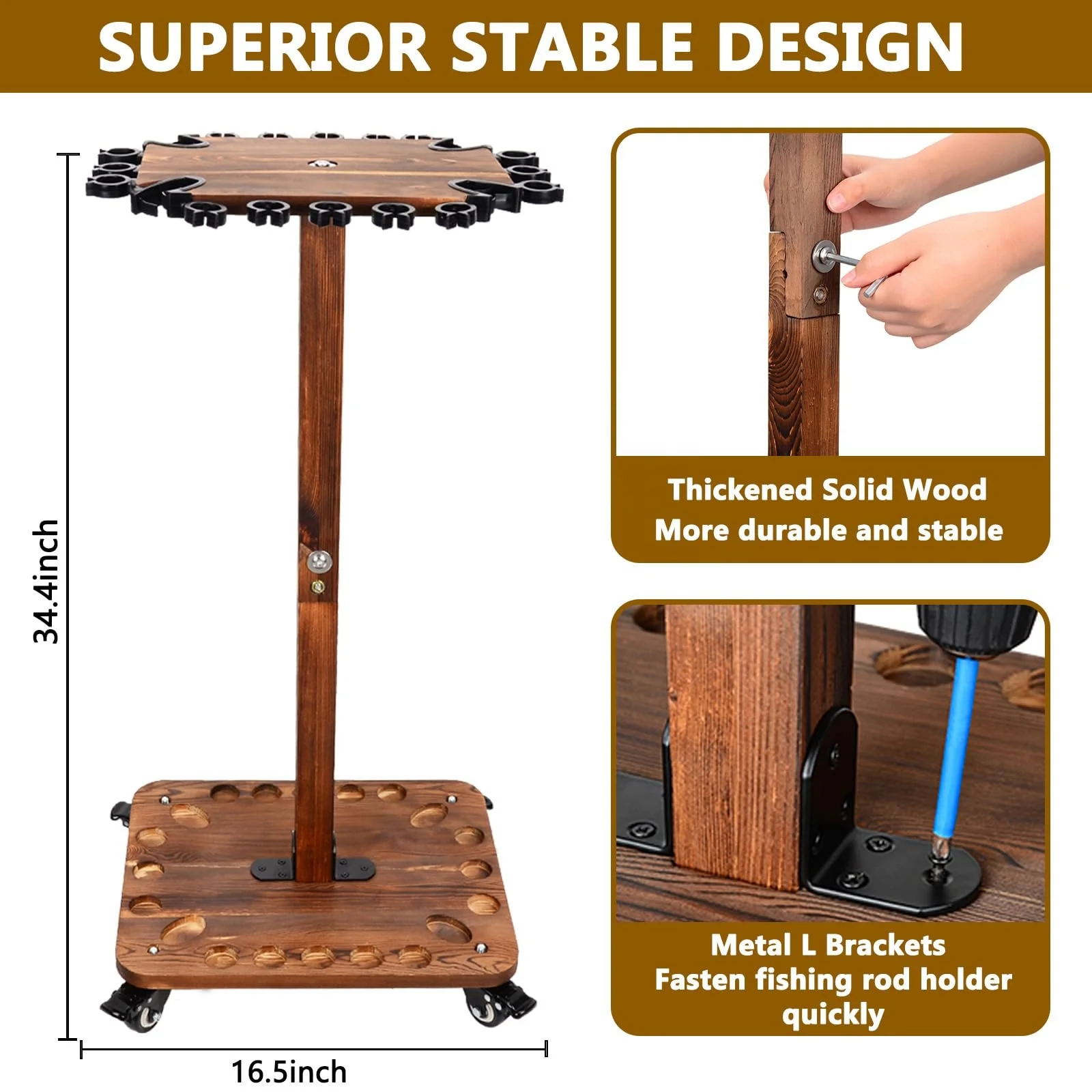 Hikeen Fishing Rod Holders for 360 Degree, Floor Stand Holds up to 24 Rods, Wooden Fishing Rod Racks with Rolling Wheels