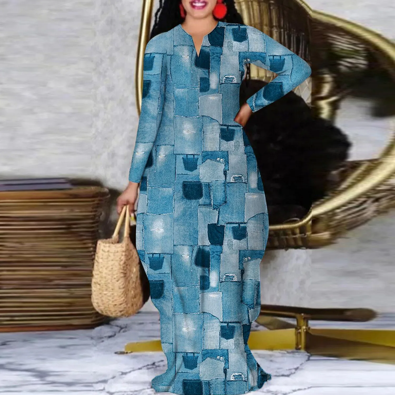 

2022 African Dresses for Women Autumn Spring African Women Long Sleeve V-neck Polyester Long Dress Maxi Dress
