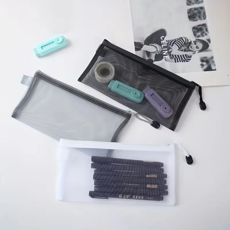 Korean Creative Simple Transparent Mesh Pen Bag,Zipper Closure,Portable,Examination Essential,Student Stationery Bag