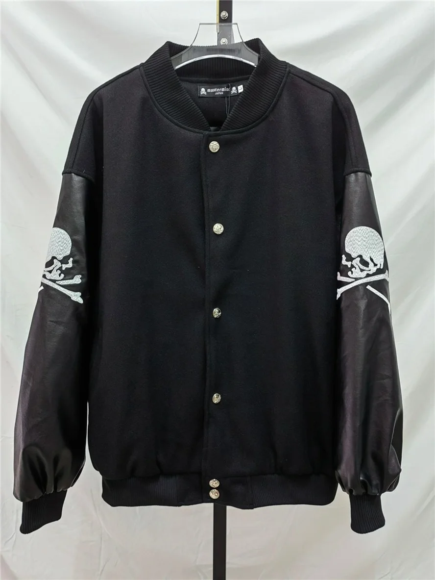 

MMJ Cardigan Mastermind Skull Baseball Uniform Jacket Men Women Patchwork Woolen Mmj Bomber Coats Outerwear Leather Clothes