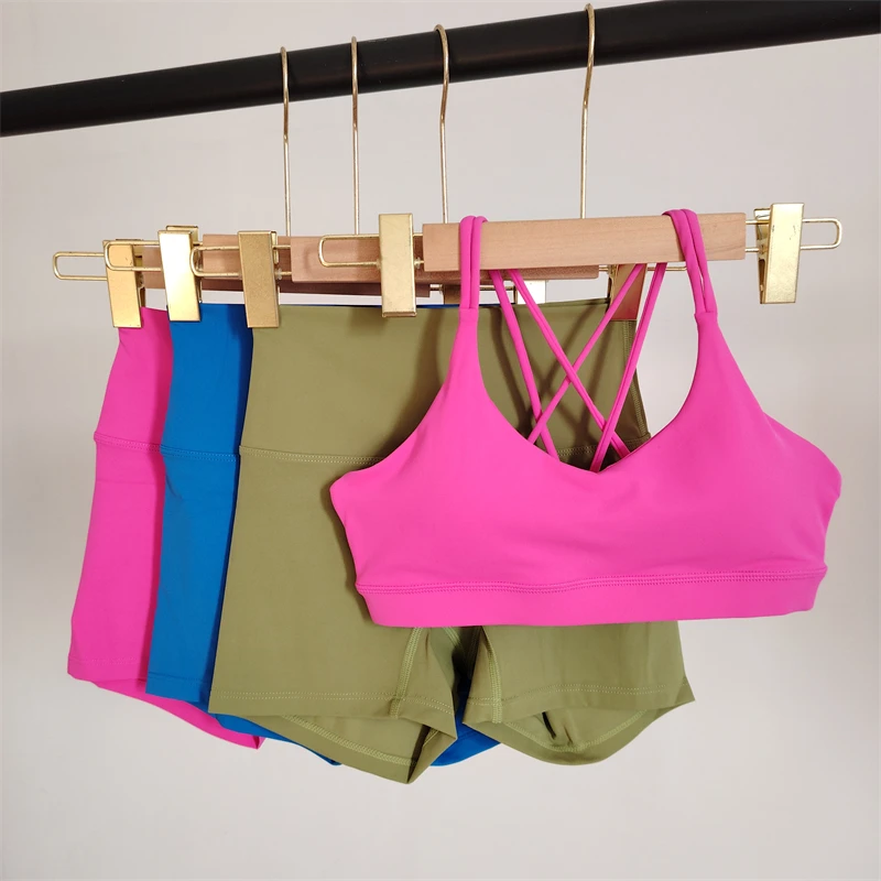 Solid Color Women Sportswear Suit Shorts High Waist Running Pilates Yoga Sexy Fitness Suit 2 Piece Set Cross Bra Beautiful Back