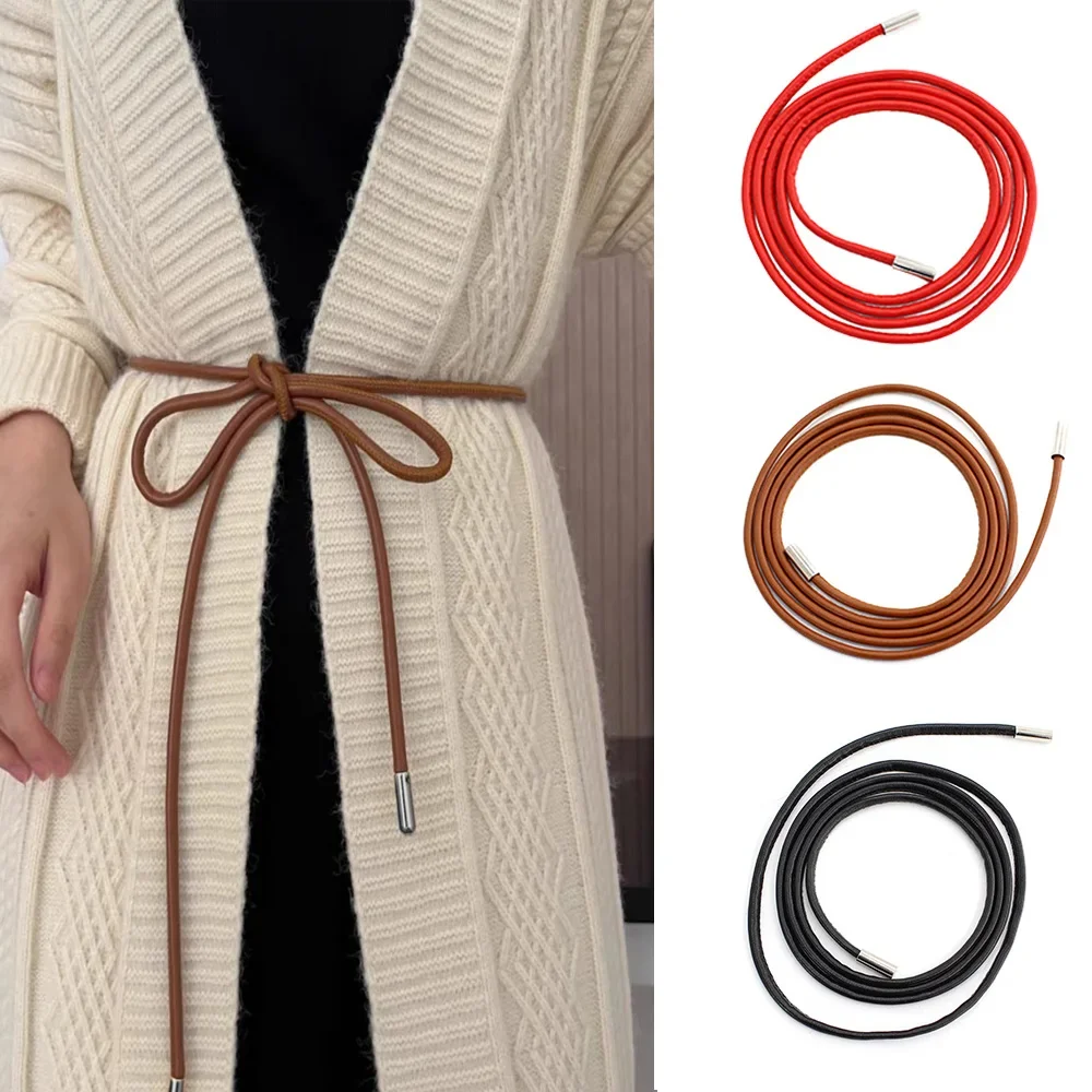 Ultra Thin Waist Belt For Women Solid Color PU Leather Slim Belt Vintage BowKnot Long Waist Chain Dress Coat Decoration New