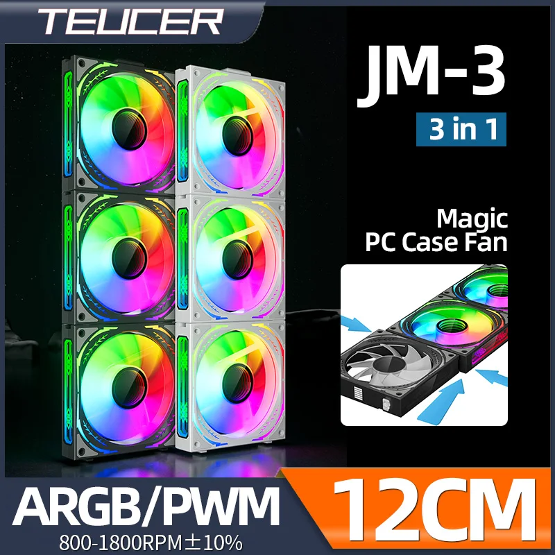 

Teucer JM-3 120mm 3in1 Magic Wire free splicing PWM ARGB PC Case Fan Desktop Chassis for CPU Water Radiator Cooling Ventilator