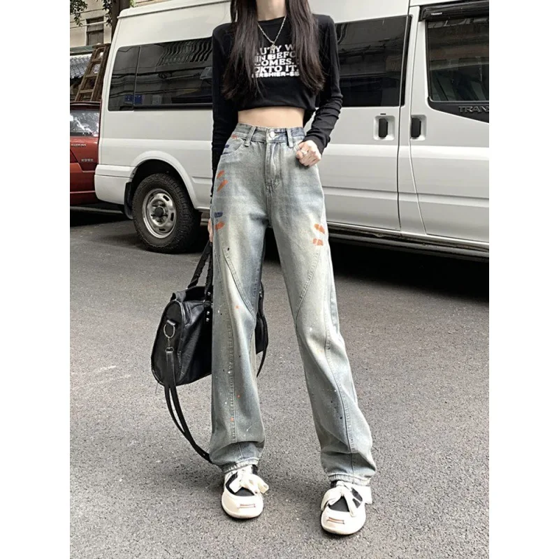 Streetwear Vintage Jeans High Waisted Retro Blue Y2k Fashion Splash Ink Trousers For Women Summer Korean Style Denim Long Pants