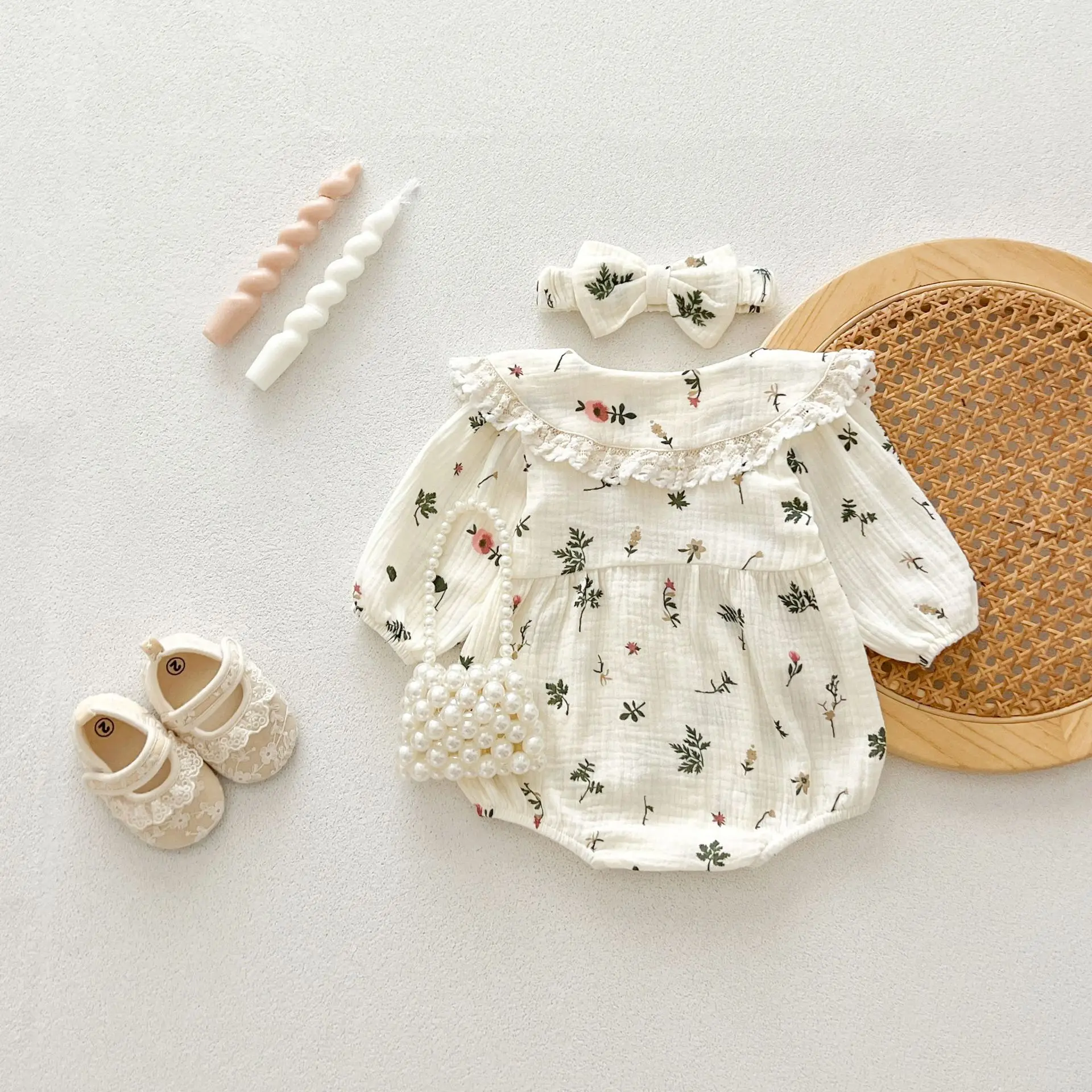 Herbst Neugeborenen Baby Mädchen Süße Blume Strampler + Stirnband Musselin Revers Strampler Kinder Onepiece Mode Baby Kleidung – Detail 8