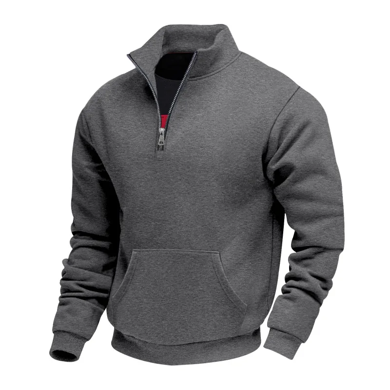 Grenzübergreifender Herbst- und Winter-Samt-Pullover für Herren, locker geschnitten, im Retro-Stil, lässig, mit Stehkragen, halbem Reißverschluss und Taschen für Pendler.