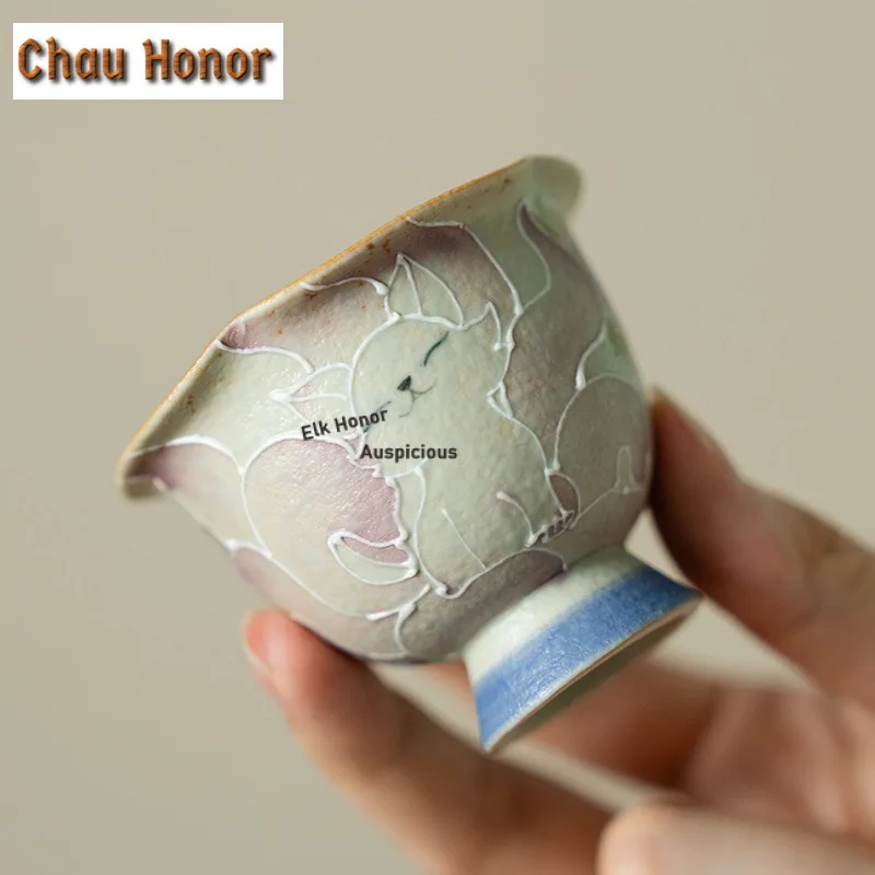 1pc 55ml Hand-drawn Nine-tailed Fairy Fox Teacup Retro Tea Bowl Tea Pair Tea-tasting Smelling Cup Jianzhan Master Cups Tea Items