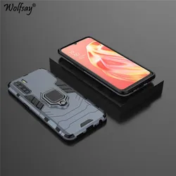 Shockproof Armor Silicone Phone Case with Hard Back and Stand - Protective Cover for OPPO A91 (Navy Blue)