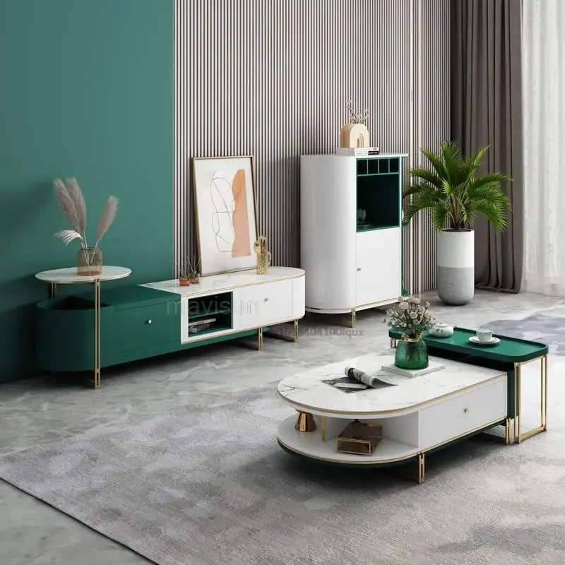 

Light Luxury Coffee Table TV Cabinet Combination Nordic Living Room Extendable Floor Cabinet Modern Minimalist Tea Table Set