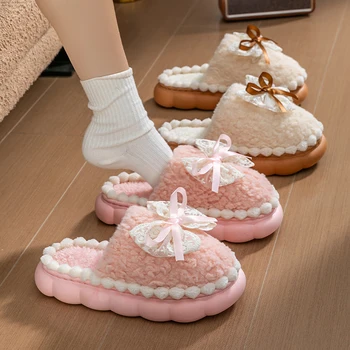Winter Warm Fur Slippers For Women Thick-Soled Household Slippers Cute Bow Non Slip Soft Home Shoes Indoor Plush Women's Slipper 1