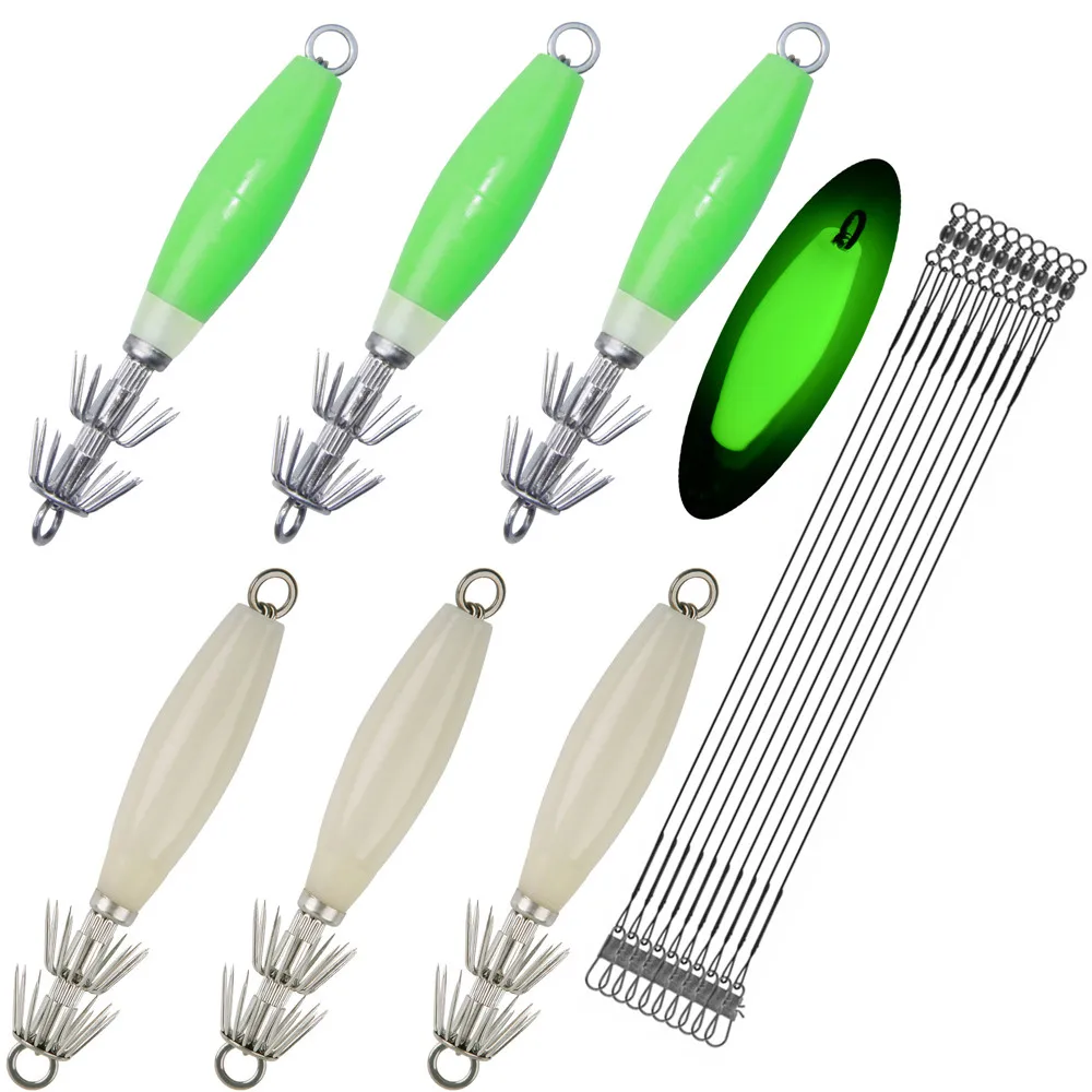 

16Pcs Luminous Squid Jig with Steel fishing leader Kit Shrimp jig Cuttlefish Octopus bait Fluorescent Fishing Squid Jig hooks