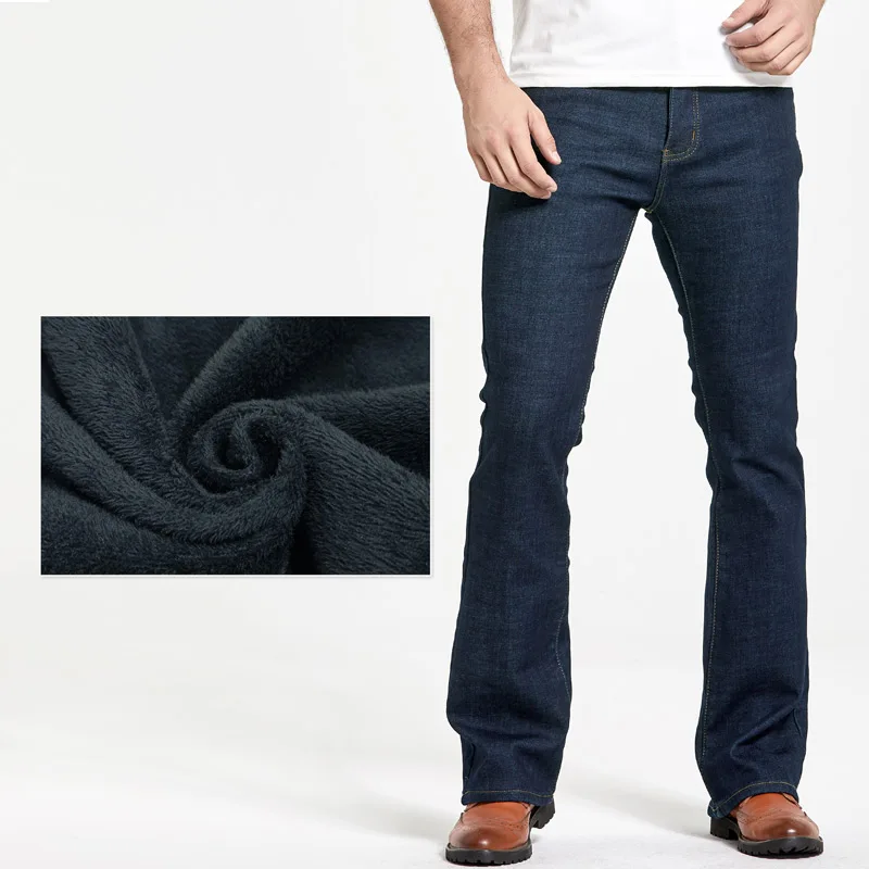 Mens Winter Stretch Denim Jeans Thicken Warm Pants Slim Slightly Flare Trousers Boot Cut Fit Polar Fleece Jeans 5