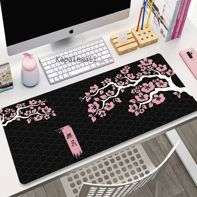 Sakura-Tapis de souris de bureau Art japonais, noir, rose