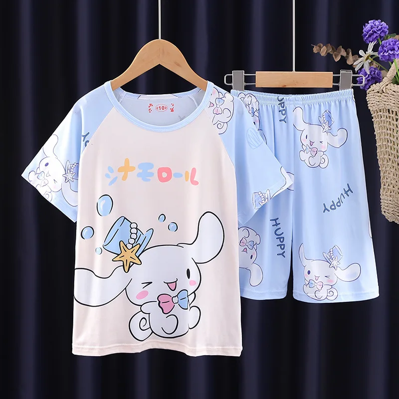 2024 Sanrio Children Pajamas Anime Kuromi Hello Kitty Cinnamoroll Children Short Sleeved Set Kids Sleepwear Summer Home Clothes