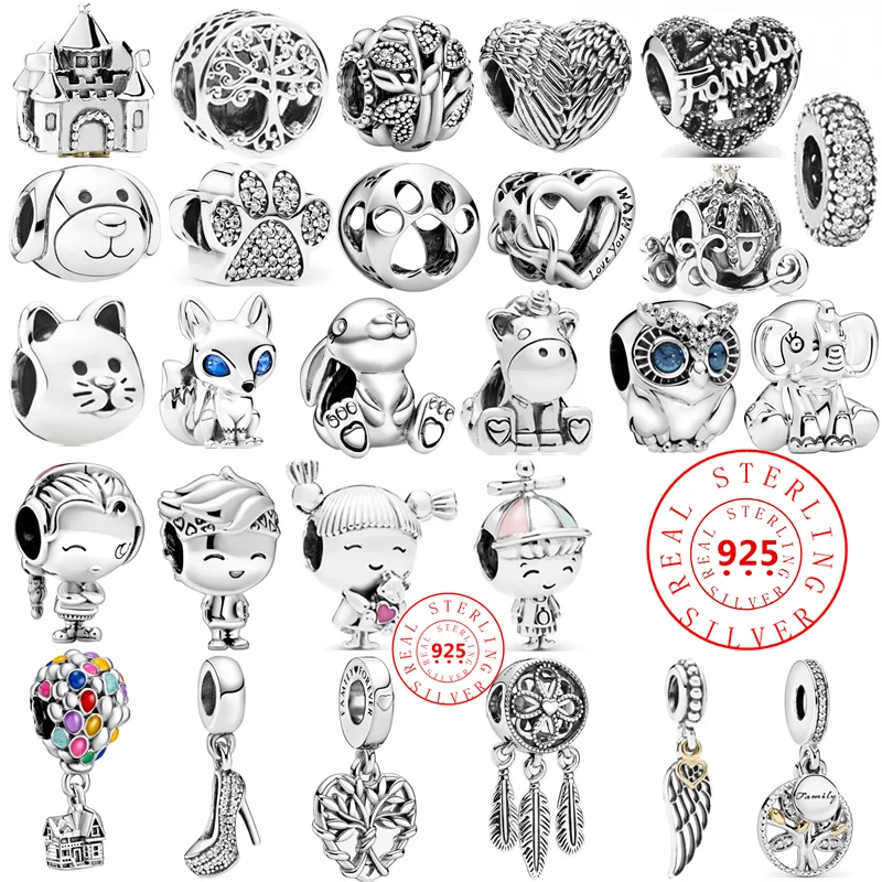 100% 925 Sterling Silver Boy Girls Feather Cat Dog Family Tree Beads Fit Original Pandora Charms Bracelet Women DIY Fine Jewelry 925 sterling silver boy girl couple lovers beads marriage charms dangle fit original pandora bracelet charms jewelry women diy