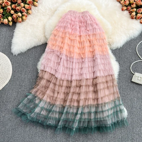 2022 Summer New Fairy Skirt Elastic Waist Rainbow Gradient Mesh Skirt High Waist Fluffy Cake Skirt Mid-length Skirt Trendy tartan skirt Skirts