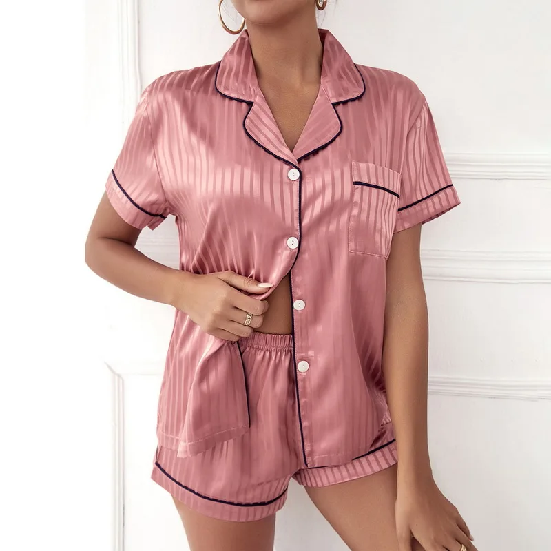 Tanie 2022 kobiet bielizna nocna piżama na lato zestaw różowy skręcić w dół kołnierz sztuczny sklep