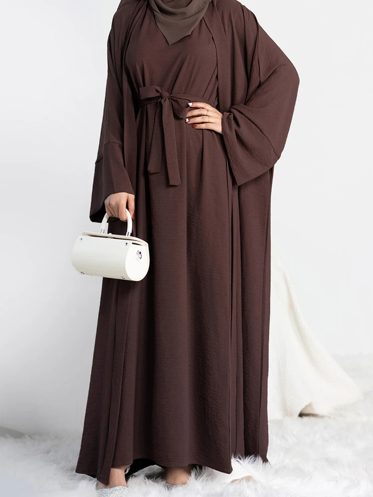 2 Piece Abaya Set Matching Muslim Suit Crepe Open Abayas for Women Dubai Turkey Sleeveless Hijab Dress African Islamic Clothing