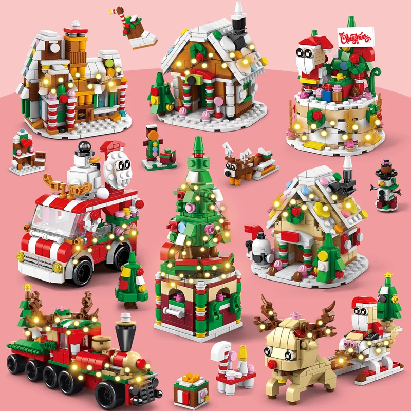 

Winter Christmas Village Light Version Christmas Tree Snow House Gingerbread House Building Blocks Bricks Toys Gifts