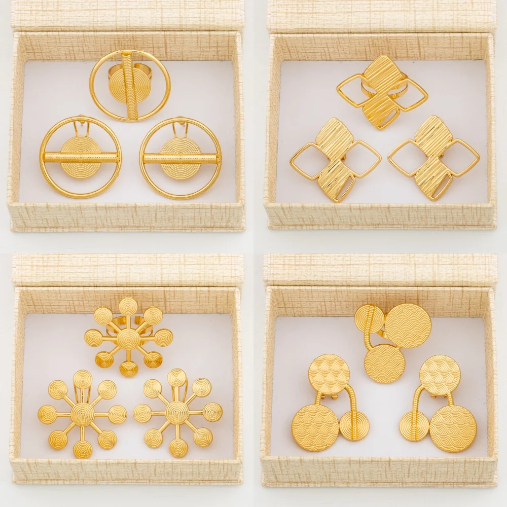 Earrings and Ring Jewelry Set with Gift Box African Gold Color Clip Earrings with Finger Ring Weddings Bride Jewelry Accessories