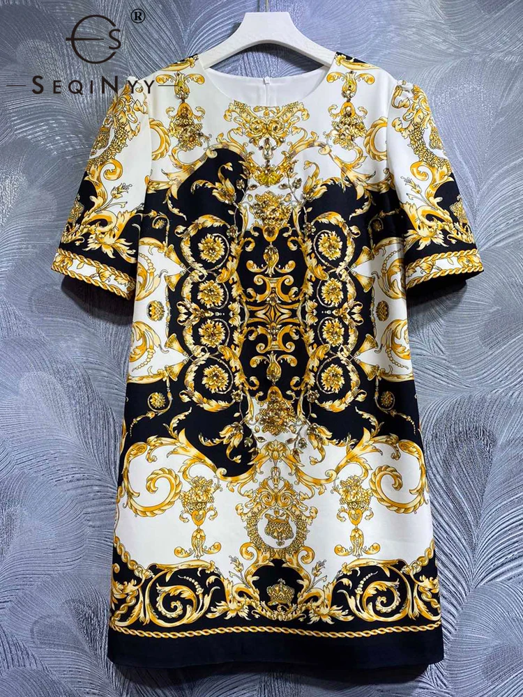 

SEQINYY Bohemian Mini Dress Summer Spring New Fashion Design Women Runway Vintage Flowers Print Golden Beading High Street