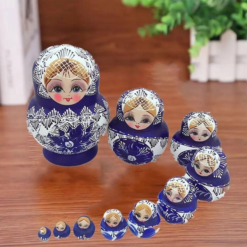 10Pcs/Set Ornament Wood Russian Nesting Dolls Blue Floral Print 10 Layer Matryoshka Wooden Toys Handmade Cartoon Stacking Dolls
