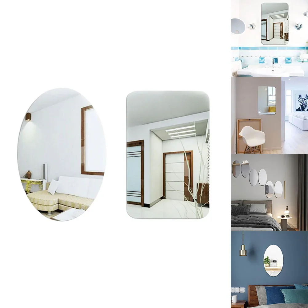 Mirror Wall Sticker Oval Square 3D Acrylic Self Adhesive Tiles Sticker For Bathroom Make Up Mirror Sticker Home Decor