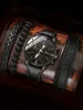 4pcs Fashion Business Leisure Round Men's Belt Quartz Watch with Woven Bracelet Set 1