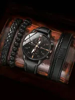 4pcs Fashion Business Leisure Round Men's Belt Quartz Watch with Woven Bracelet Set 1