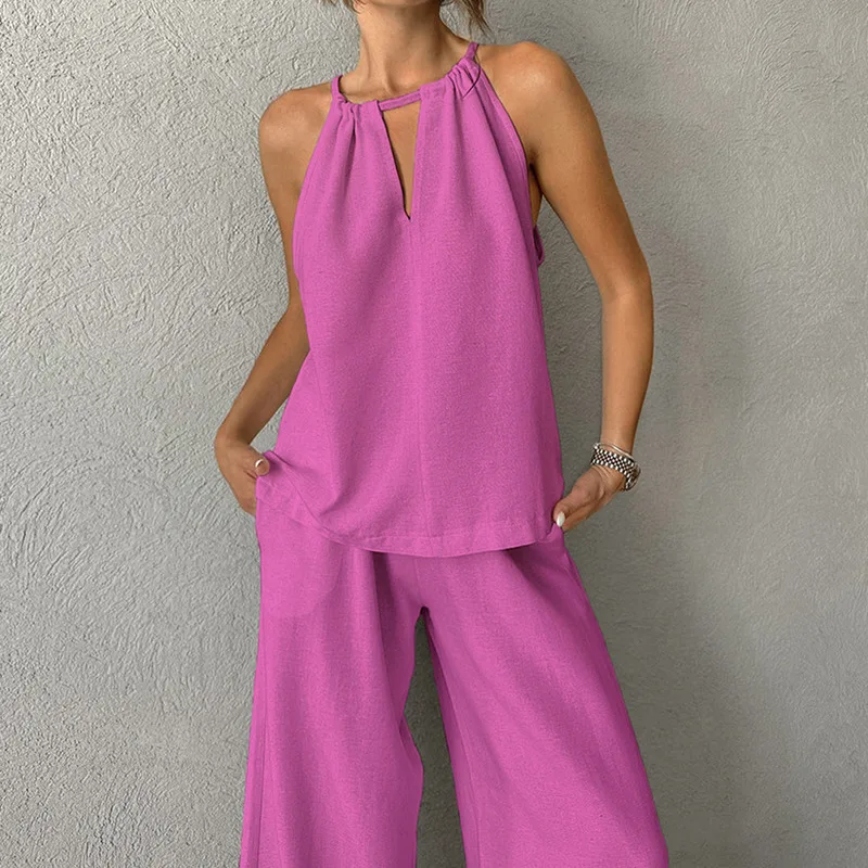 Fashion Suspender High Waisted Wide Leg Pants Casual Women's Set 2024 Summer and Autumn New Solid Color Versatile Two-piece Set